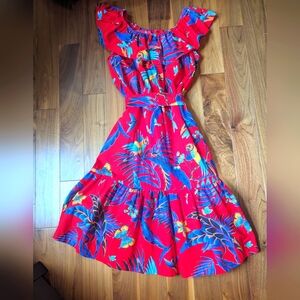 Red vibrant Hawaiian ruffle dress - Farm Rio inspired - EUC size M